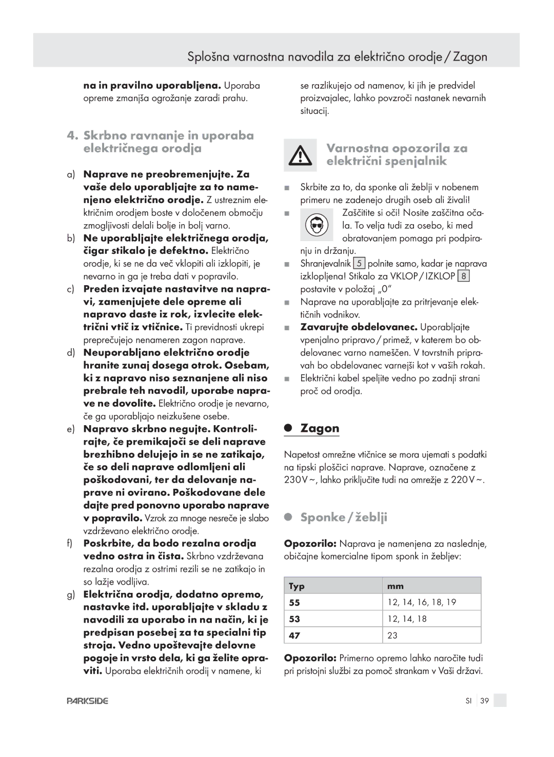 Kompernass PET 23 VARIO manual Splošna varnostna navodila za električno orodje / Zagon, Sponke / žeblji 